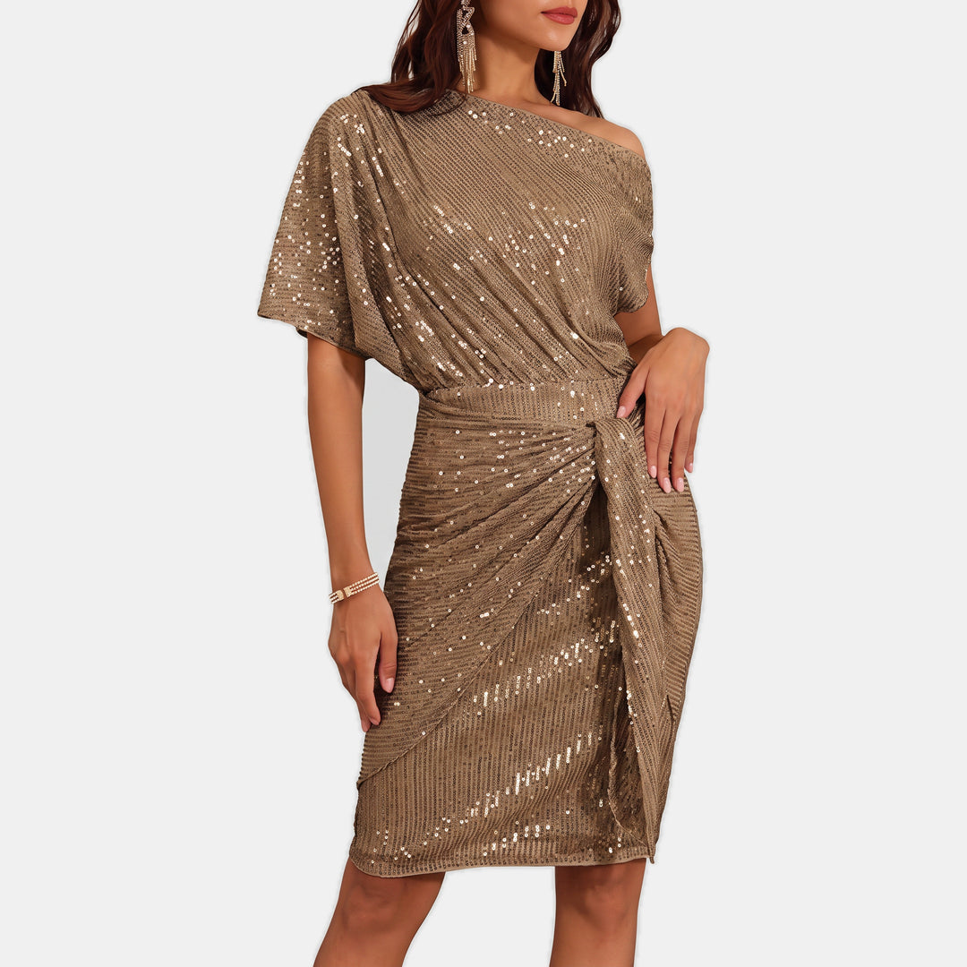 Women's Short Sequin Cocktail Dress, One Shoulder Twist Knot