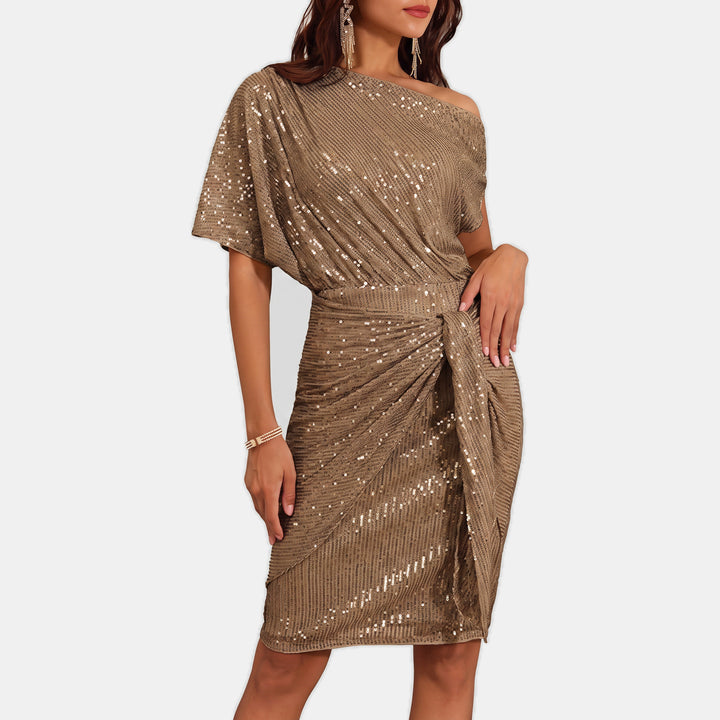Women's Short Sequin Cocktail Dress, One Shoulder Twist Knot