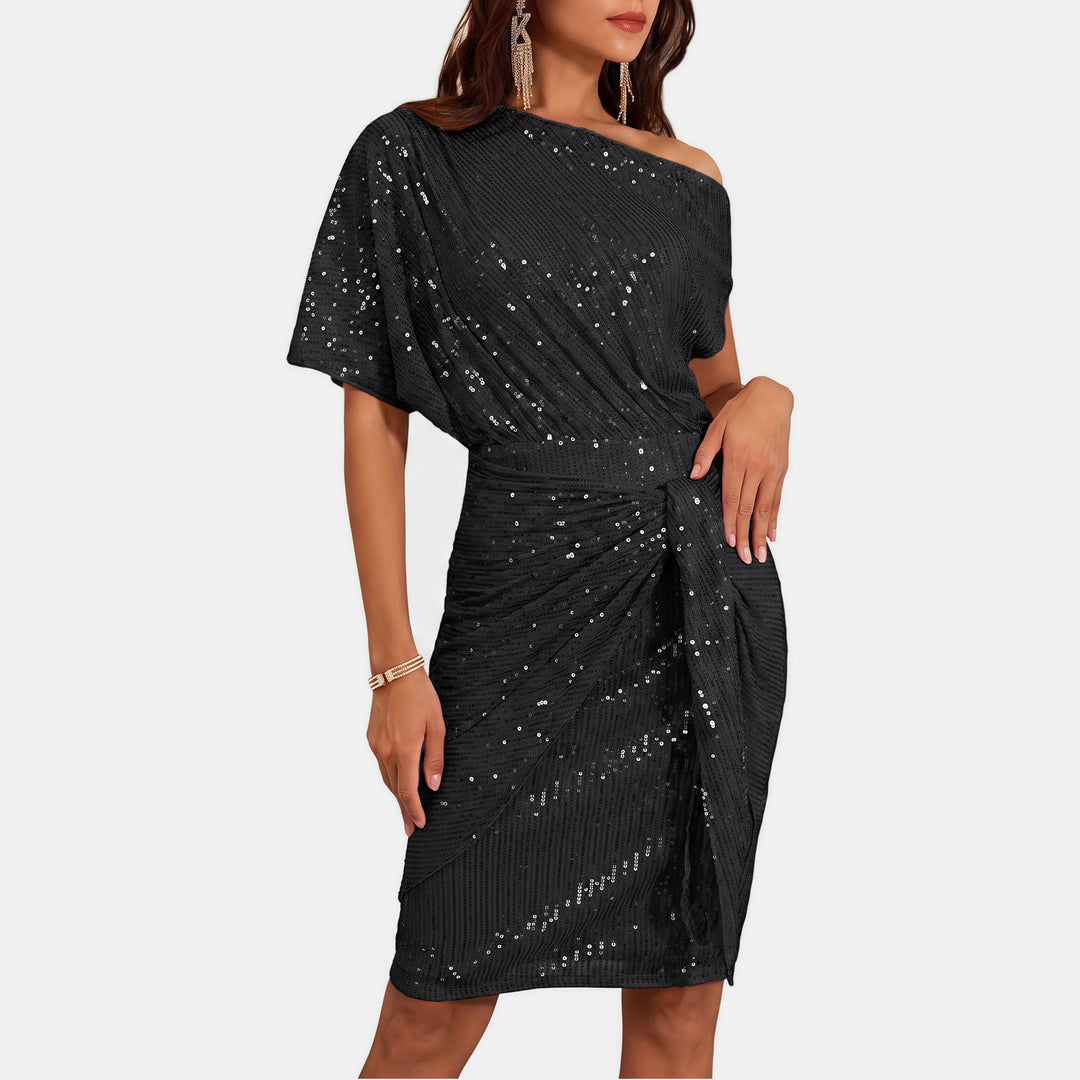 Women's Short Sequin Cocktail Dress, One Shoulder Twist Knot