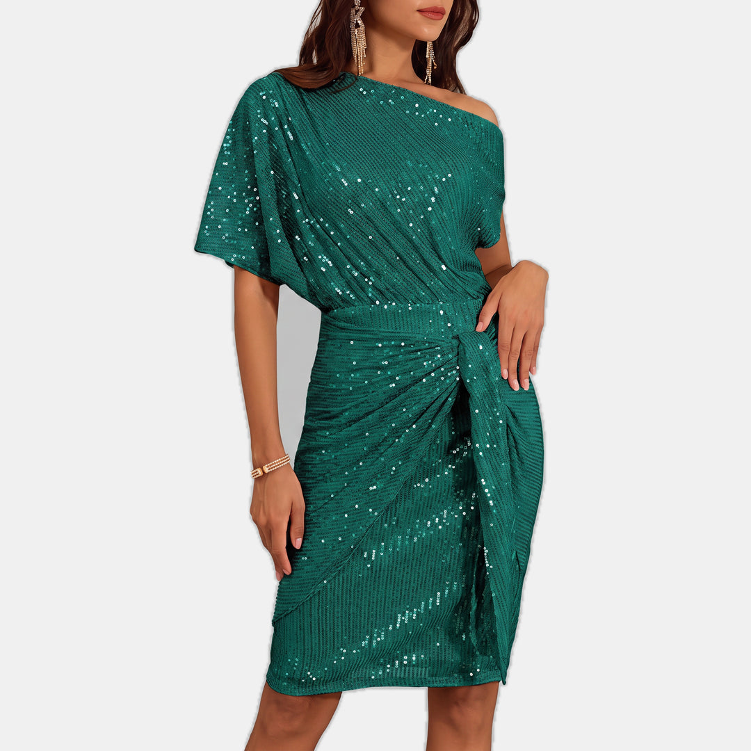 Women's Short Sequin Cocktail Dress, One Shoulder Twist Knot