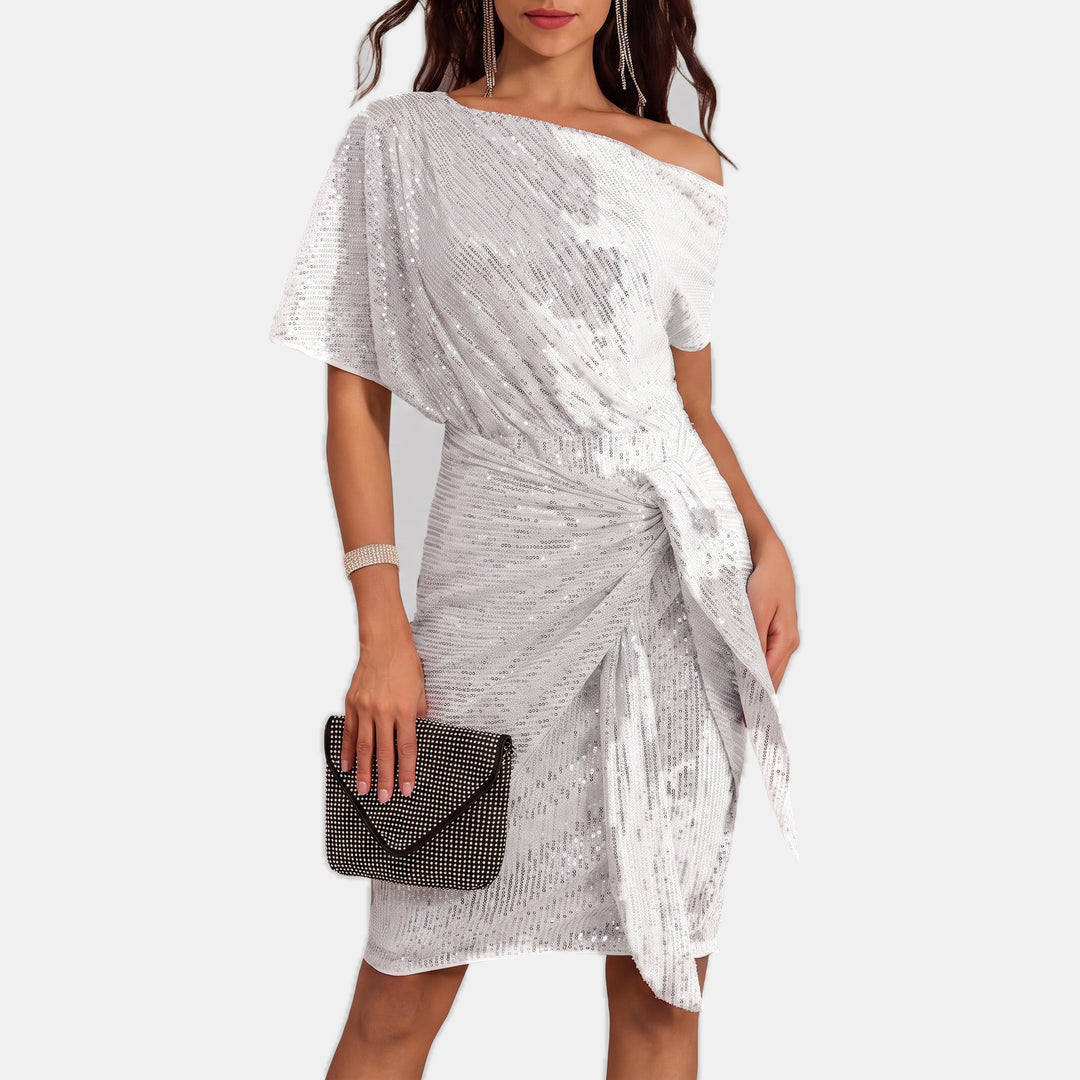 Women's Short Sequin Cocktail Dress, One Shoulder Twist Knot