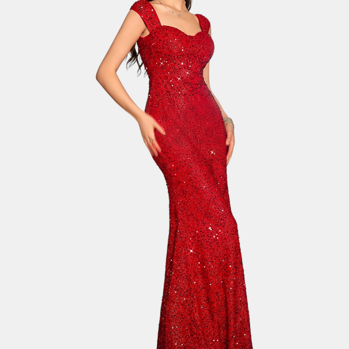 Women's Mermaid Sequin Cocktail Dress, Sweetheart Cap Sleeve Long