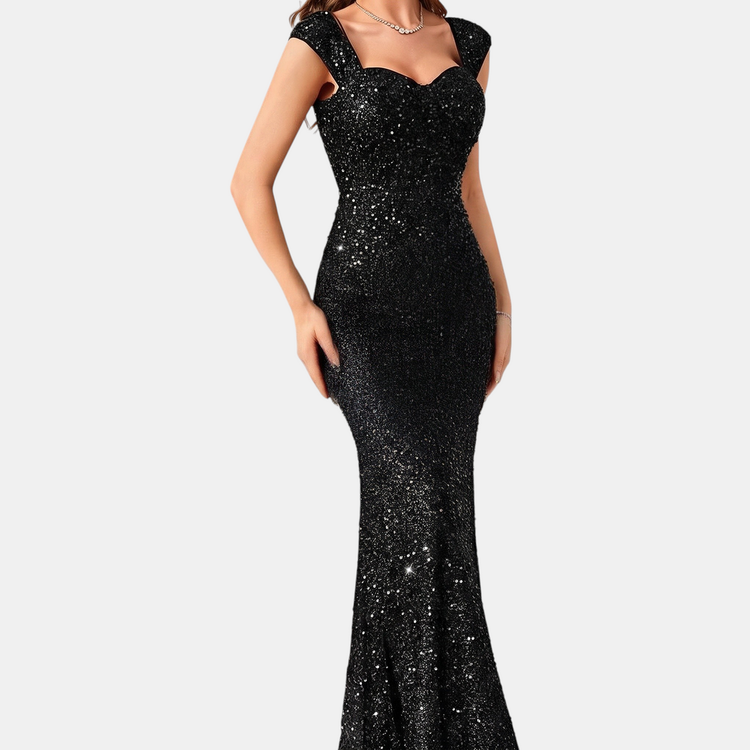 Women's Mermaid Sequin Cocktail Dress, Sweetheart Cap Sleeve Long