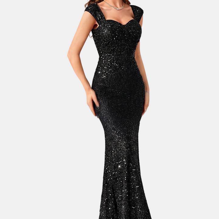 Women's Mermaid Sequin Cocktail Dress, Sweetheart Cap Sleeve Long