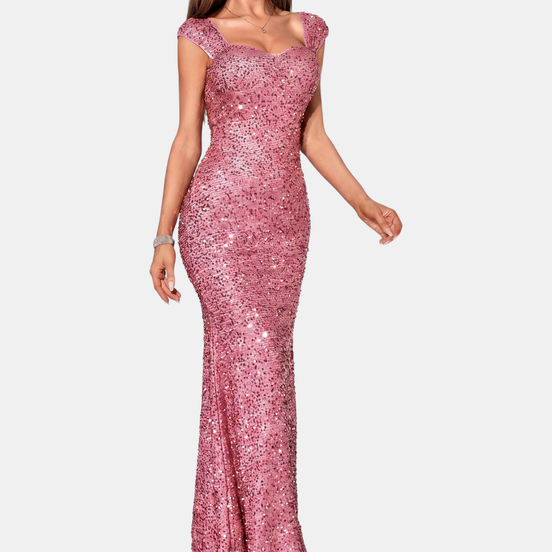 Women's Mermaid Sequin Cocktail Dress, Sweetheart Cap Sleeve Long