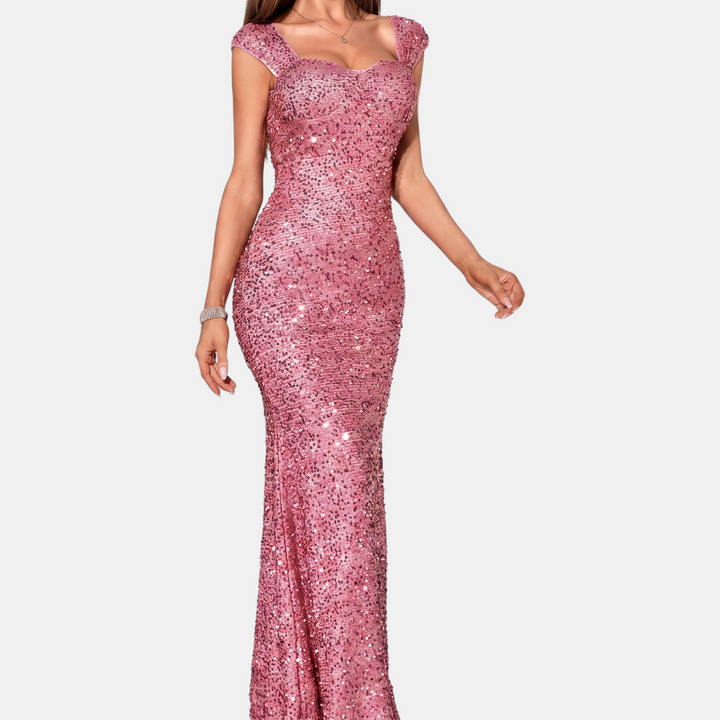 Women's Mermaid Sequin Cocktail Dress, Sweetheart Cap Sleeve Long