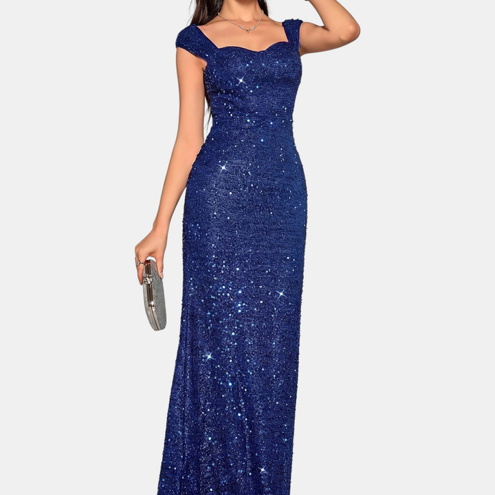Women's Mermaid Sequin Cocktail Dress, Sweetheart Cap Sleeve Long