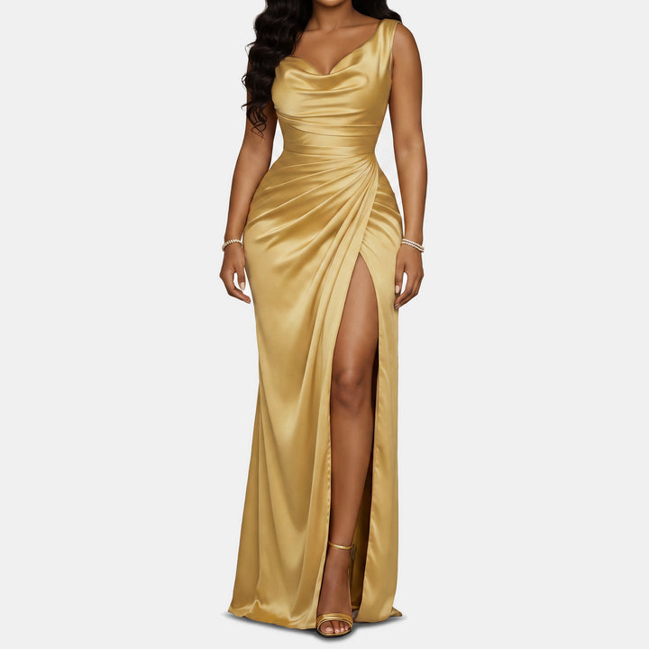 Women's Mermaid Satin Cocktail Dress, Cowl Neck High Slit