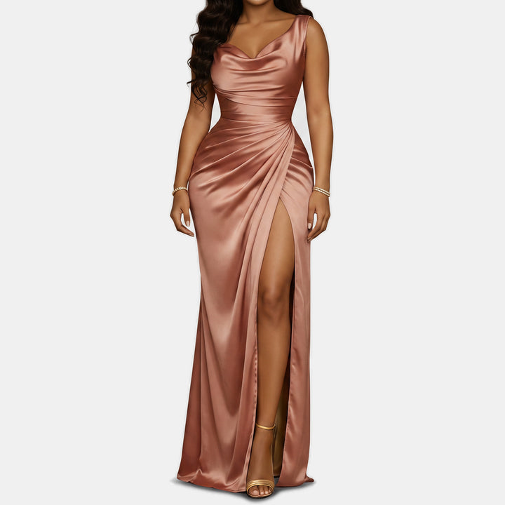 Women's Mermaid Satin Cocktail Dress, Cowl Neck High Slit