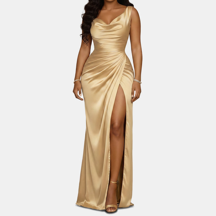 Women's Mermaid Satin Cocktail Dress, Cowl Neck High Slit