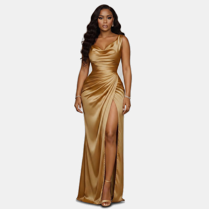Women's Mermaid Satin Cocktail Dress, Cowl Neck High Slit