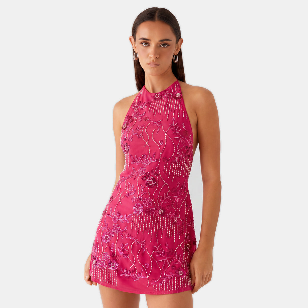 Women's Sequin Floral Open Back Mini Cocktail Dress, Halter Neck
