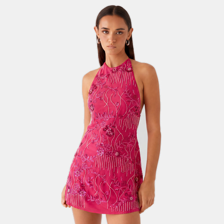 Women's Sequin Floral Open Back Mini Cocktail Dress, Halter Neck
