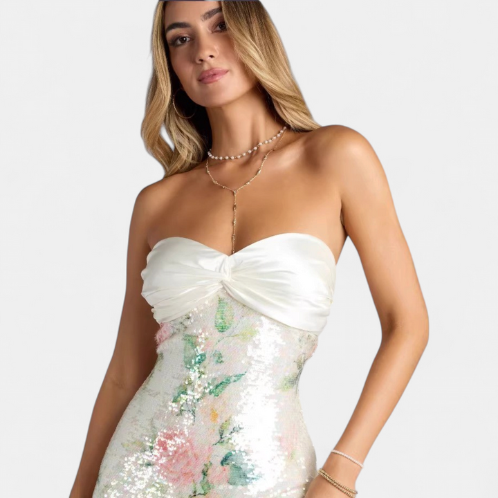 Women's Floral Sequin Mini Cocktail Dress, Strapless Sweetheart Ruched Bust