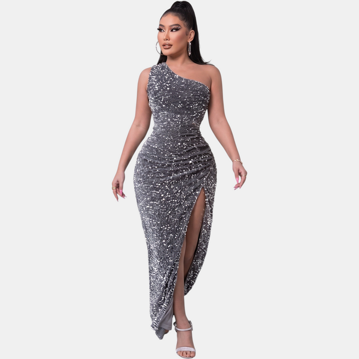 Women's One Shoulder Sequin Cocktail Dress, High Slit Bodycon Maxi