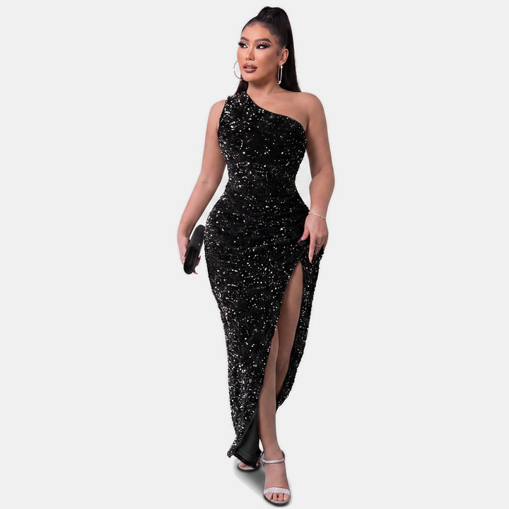 Women's One Shoulder Sequin Cocktail Dress, High Slit Bodycon Maxi