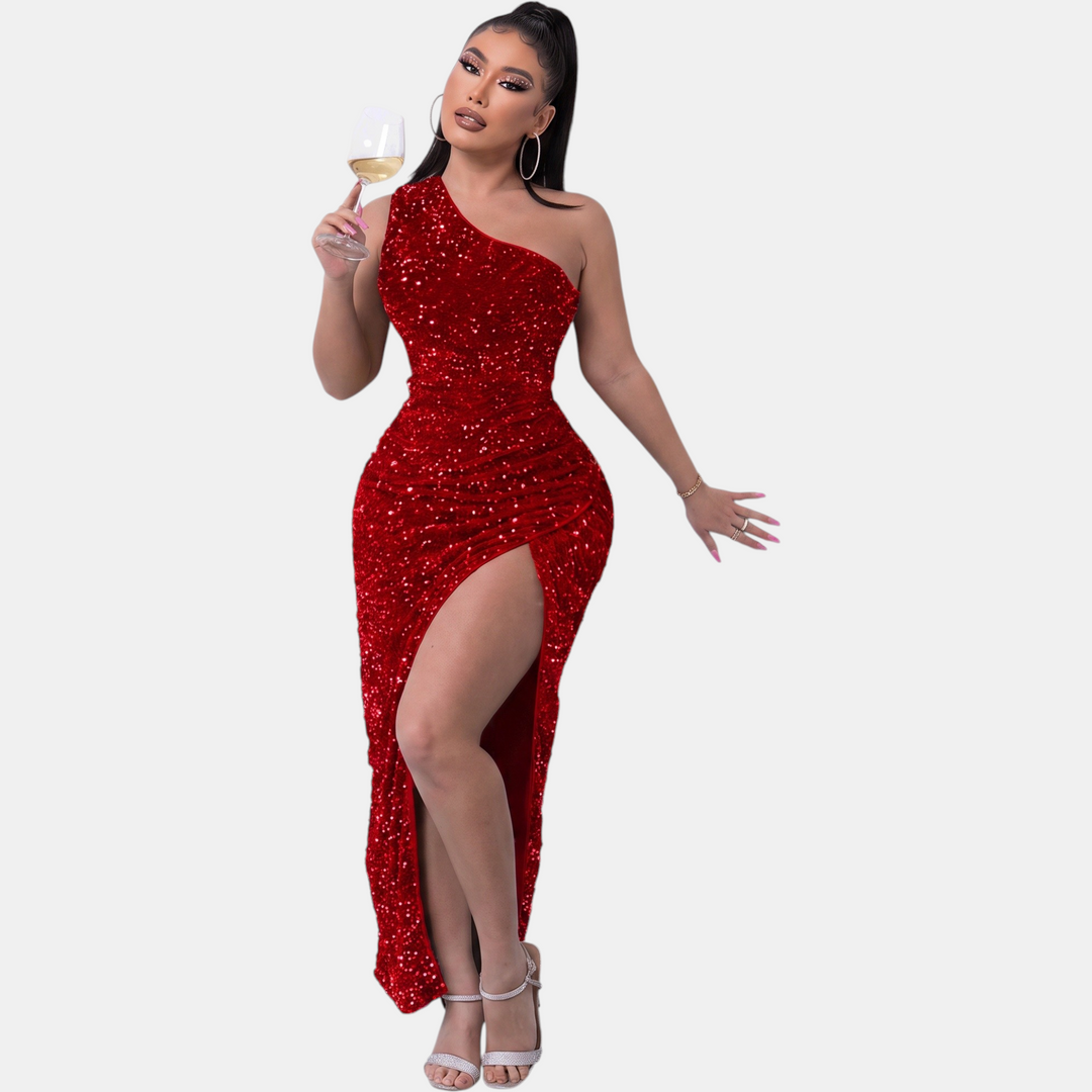 Women's One Shoulder Sequin Cocktail Dress, High Slit Bodycon Maxi