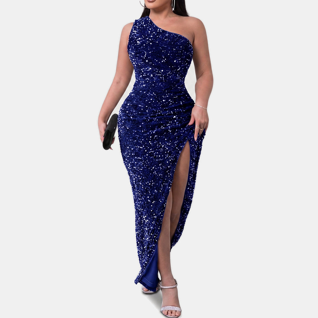 Women's One Shoulder Sequin Cocktail Dress, High Slit Bodycon Maxi