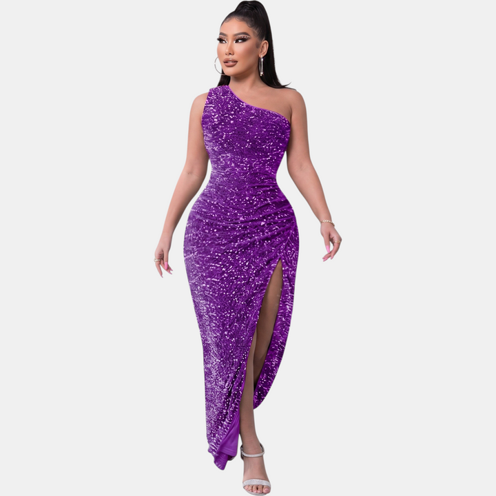 Women's One Shoulder Sequin Cocktail Dress, High Slit Bodycon Maxi