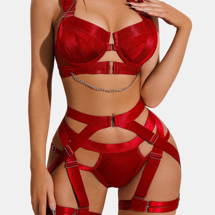 Women's Sexiest Bondage Lingerie Set, Garter Belt Satin Harness