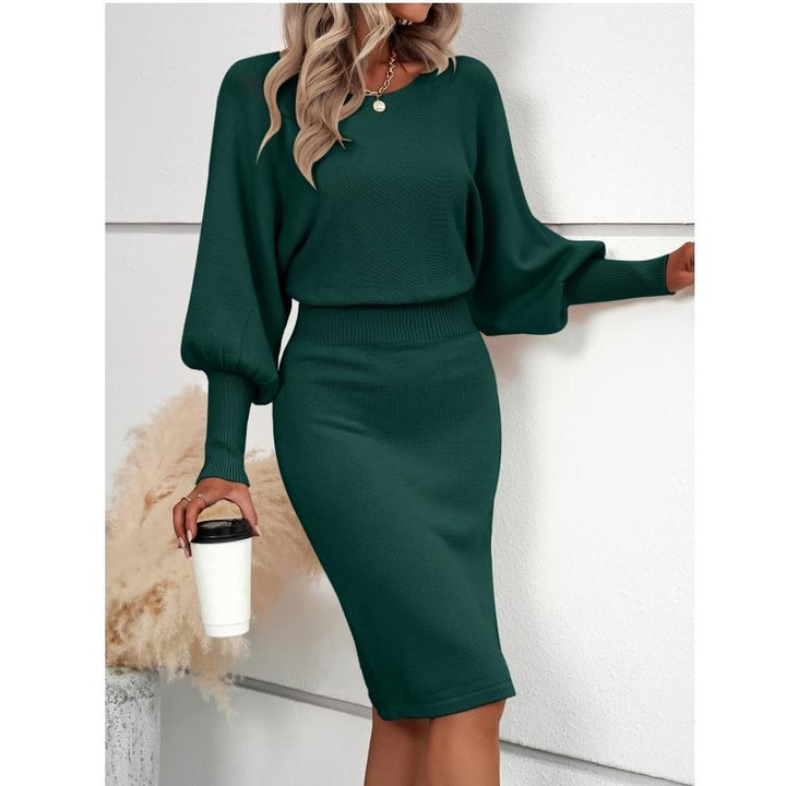 LEAH™ - Elegant Waisted Sweater Dress with Lantern Sleeves