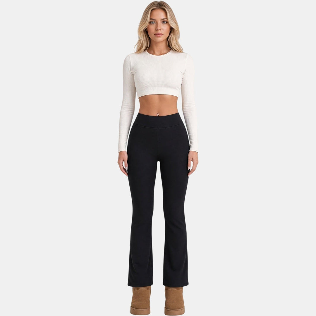 Women's Black Fleece Lined Flare Leggings, High Rise Thermal Winter