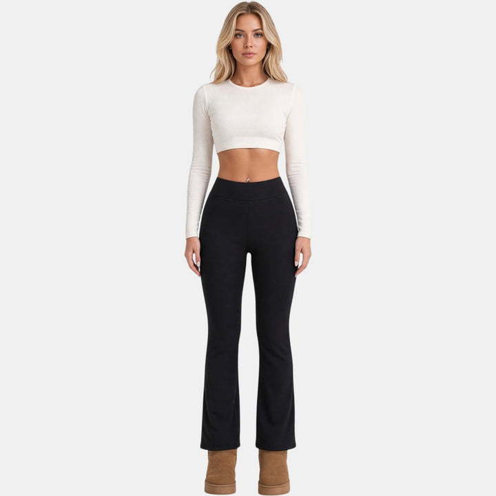 Women's Black Fleece Lined Flare Leggings, High Rise Thermal Winter