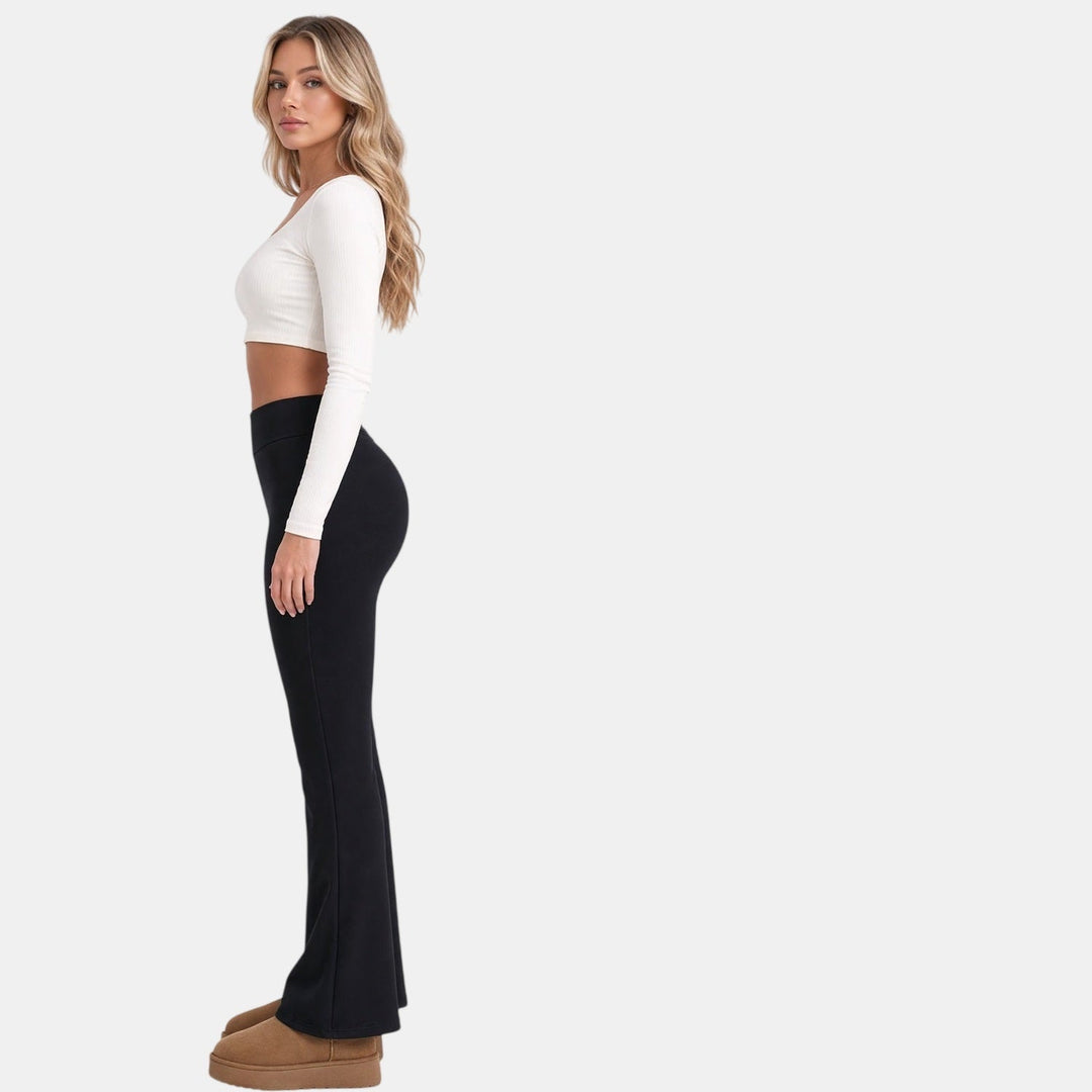 Women's Black Fleece Lined Flare Leggings, High Rise Thermal Winter