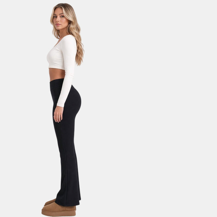 Women's Black Fleece Lined Flare Leggings, High Rise Thermal Winter