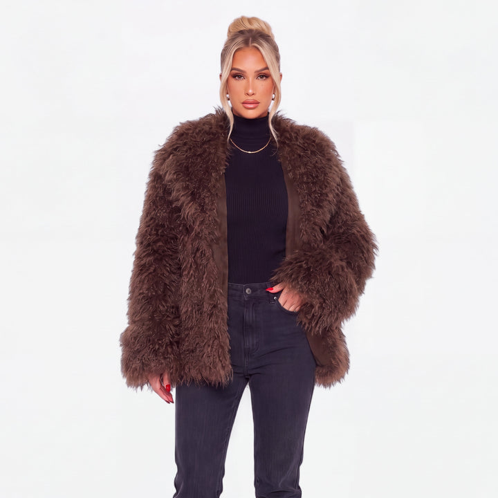 Women's Fluffy Oversized Faux Fur Coat, Hip Length Wide Cuffs