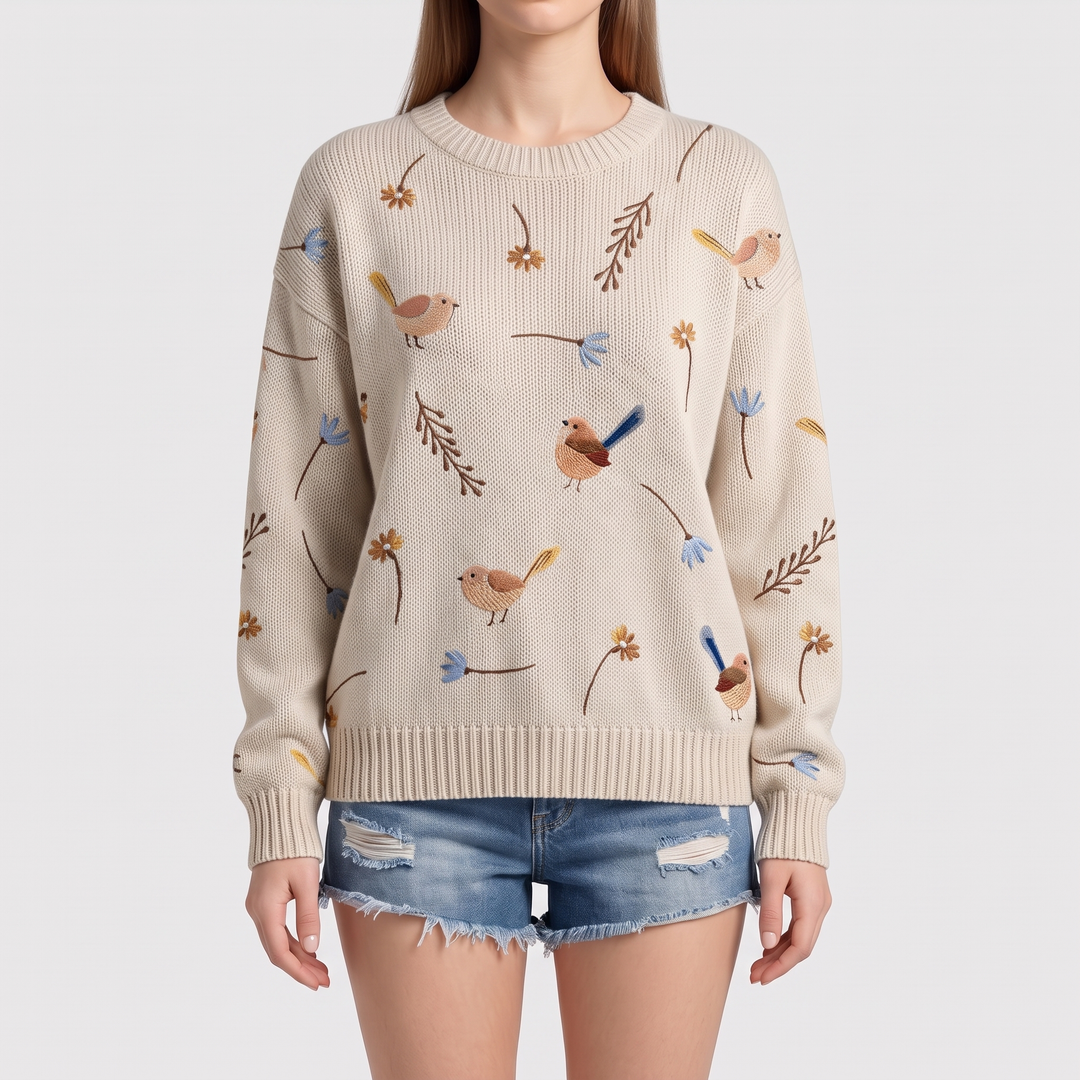 Cream Bird Embroidery