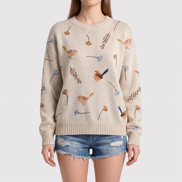 Cream Bird Embroidery