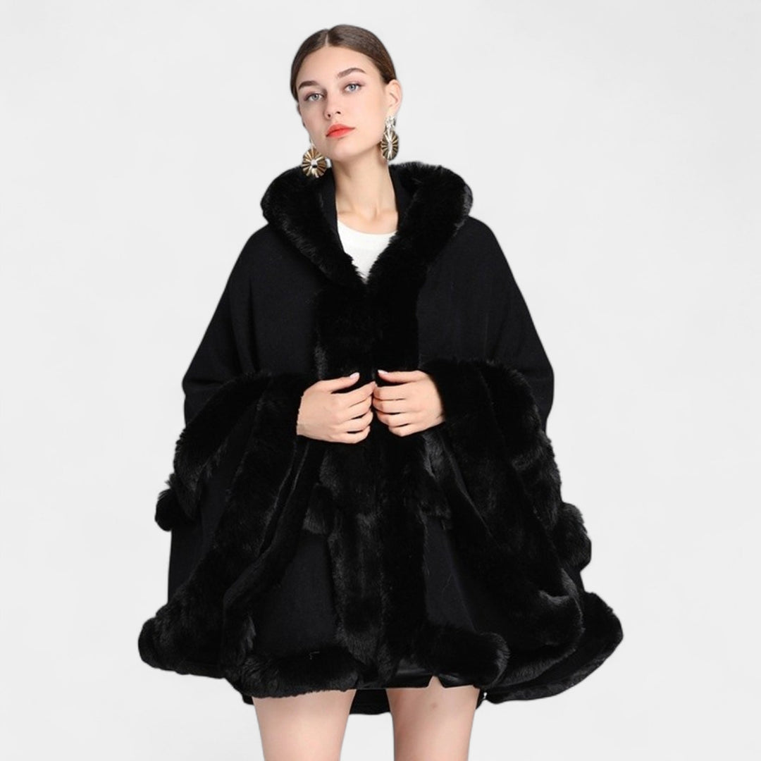 Women's Cape Coat, Oversized Faux Fur Trim Open Front Knit