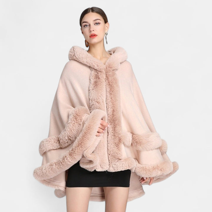 Women's Cape Coat, Oversized Faux Fur Trim Open Front Knit