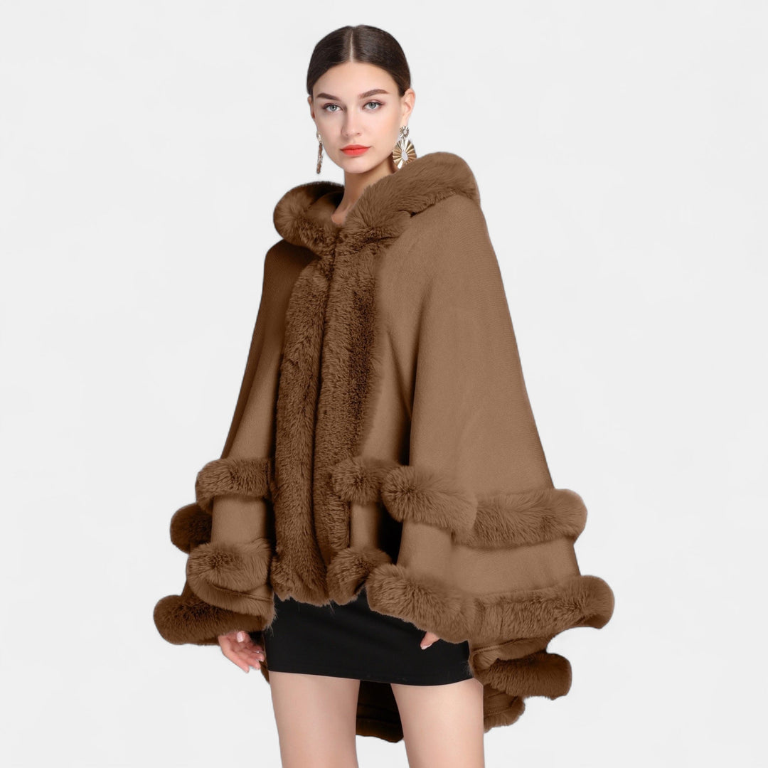 Women's Cape Coat, Oversized Faux Fur Trim Open Front Knit