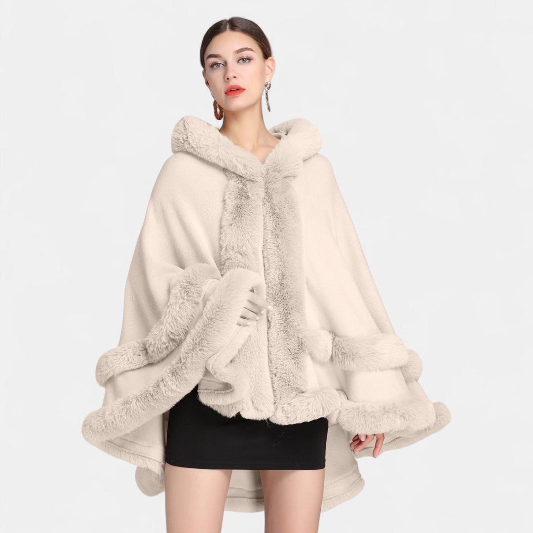 Women's Cape Coat, Oversized Faux Fur Trim Open Front Knit