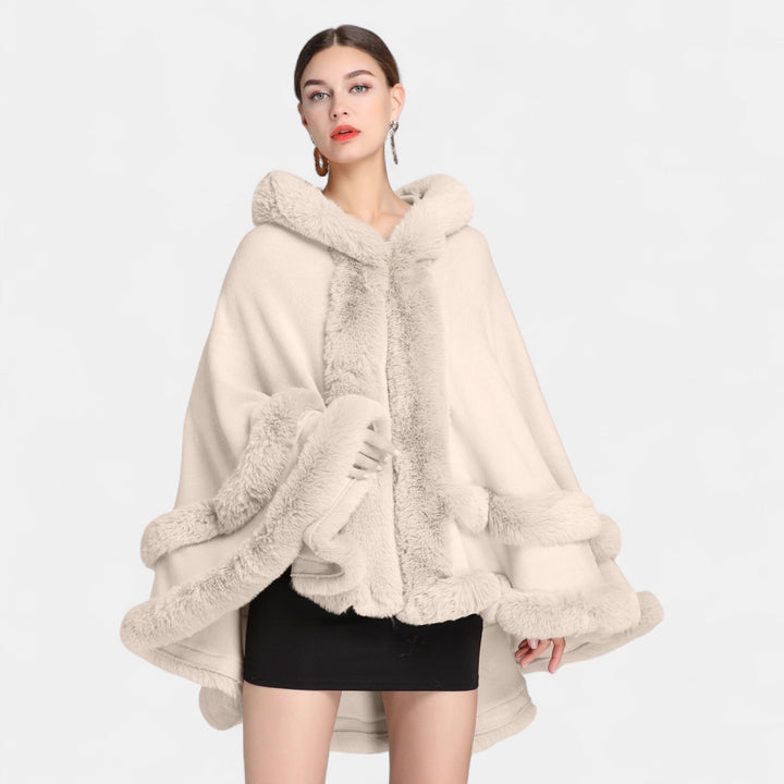 Women's Cape Coat, Oversized Faux Fur Trim Open Front Knit