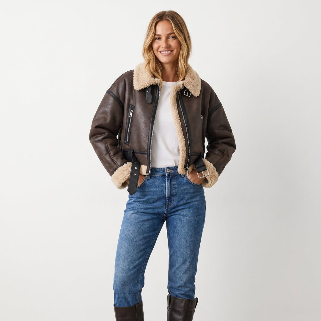 TALIA | Women's Fluffy Shearling Leather Bomber Jacket
