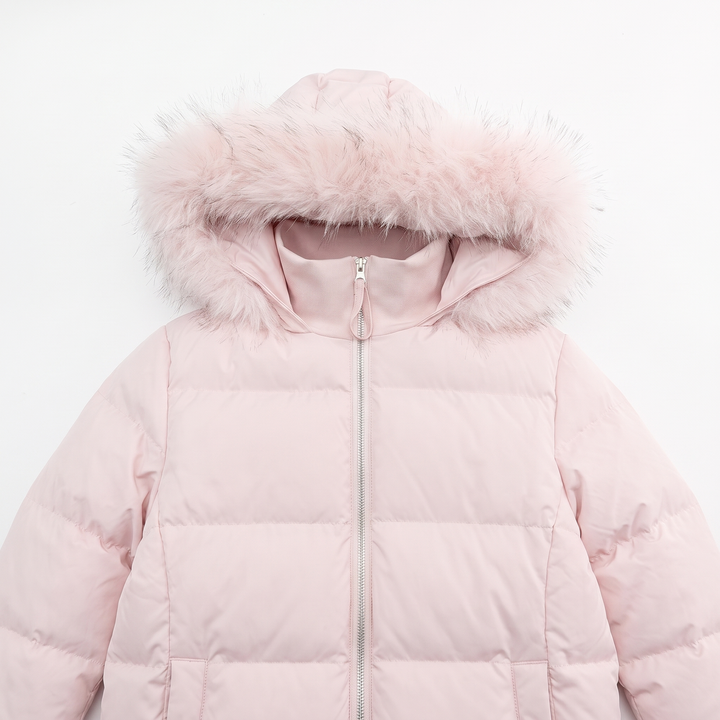 Women's Puffer Jacket, Quilted Long Slim-Fit Fur Hood